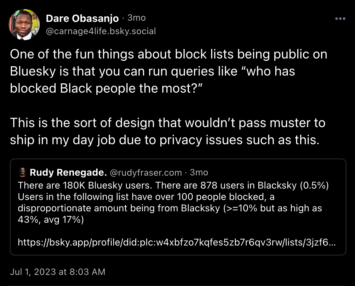 Post from @carnage4life.bsky.social, saying "One of the fun things about block lists being public on Bluesky is that you can run queries like “who has blocked Black people the most?”  This is the sort of design that wouldn’t pass muster to ship in my day job due to privacy issues such as this."