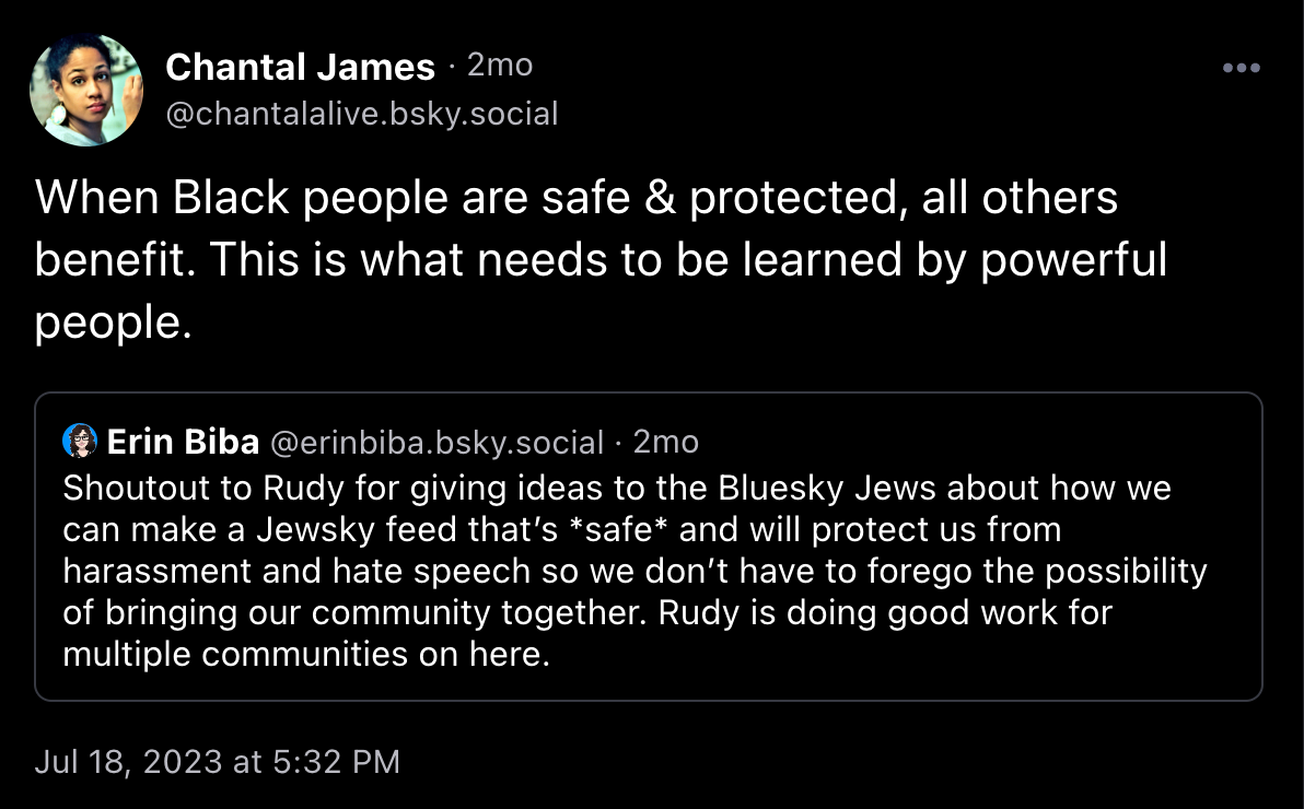 Post from @chantalalive.bsky.social, saying "When Black people are safe & protected, all others benefit. This is what needs to be learned by powerful people."